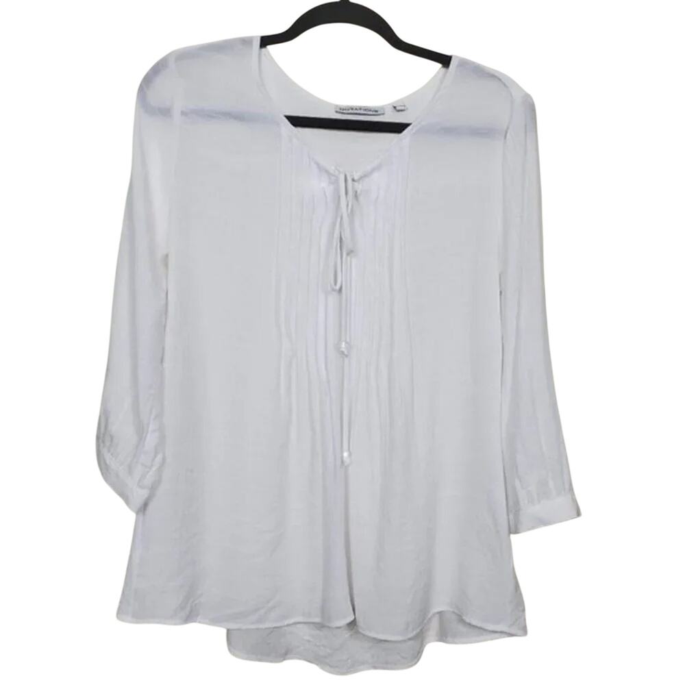 Notations Boho Peasant Blouse White Sheer Tie Front Long Sleeve Women Size M